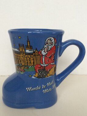 Metz 2006 Christmas Market Boot Mug Blue Decorated Ceramic French Lettering
